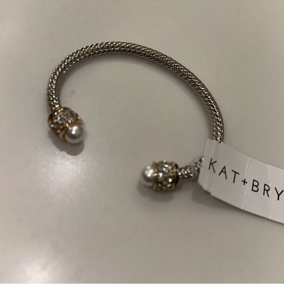 KAT + BRYN Stone Cable Cuff Bracelet Silver Gold Rhinestones Pearls - Picture 3 of 6